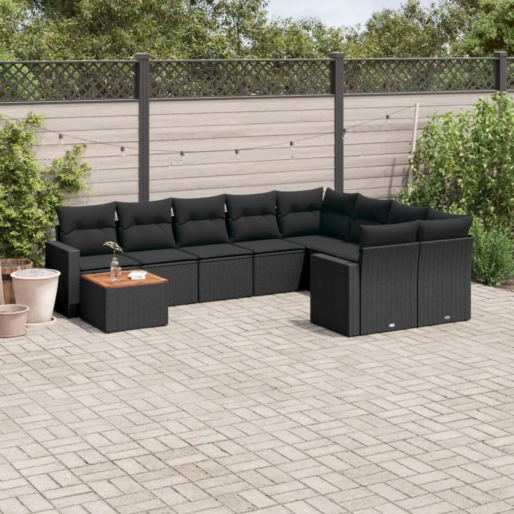10 pcs conjunto sofás de jardim c/ almofadões vime PE preto