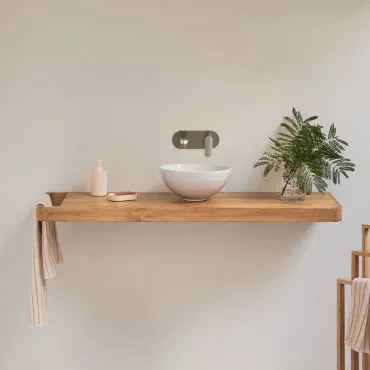 Conjunto De Móvel De Casa De Banho 130x45 Cm Suspenso Em Madeira De Teca Neill Madeira De Teca & Cerâmica Branca Redonda Ø30 Cm Calgari - Sklum