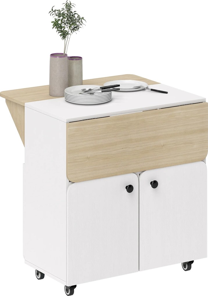 Mesa de jantar dobrável com roda 70 x 83 x 75 cms, mesa de cozinha para 4 pessoas, 2 abas rebatíveis, prateleira, armário, branco, e cor natural