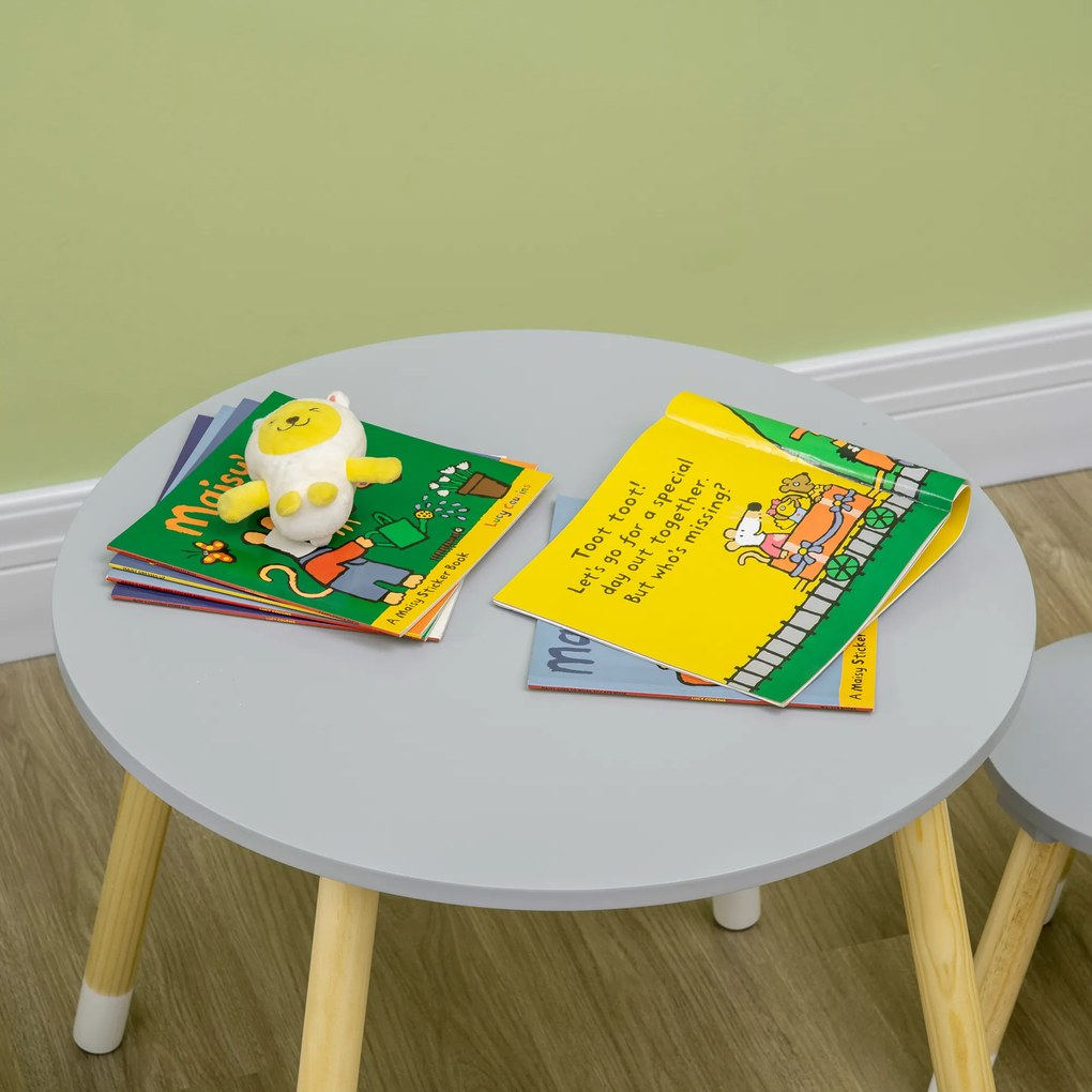 HOMCOM Conjunto de Mesa e 2 Cadeiras de Madeira para Crianças com Mesa Redonda Ø59x50cm e Cadeiras Ø28x51 Mobiliário Infantil para Sala de Jogos Quarto Cinza e Madeira