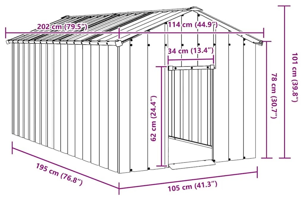 Casota para cães com telhado 114x202x101 cm aço galvanizado