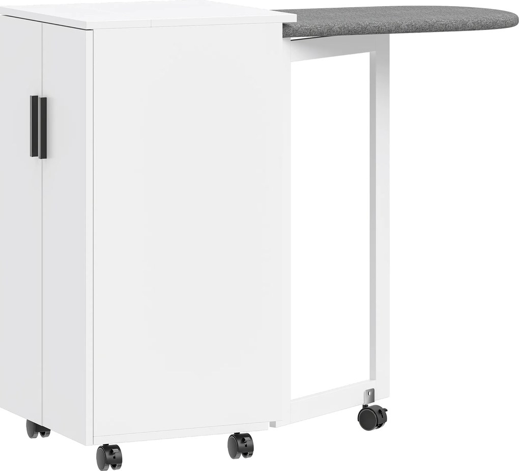 HOMCOM Armário 2 em 1 com tábua de passar dobrável com rodas e prateleira ajustável para espaços pequenos, Branco | Aosom Portugal