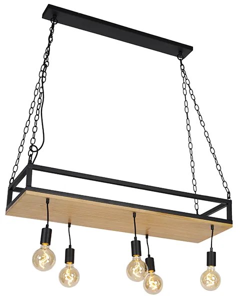 Candeeiro suspenso industrial preto madeira 5-luzes - SHELF Industrial