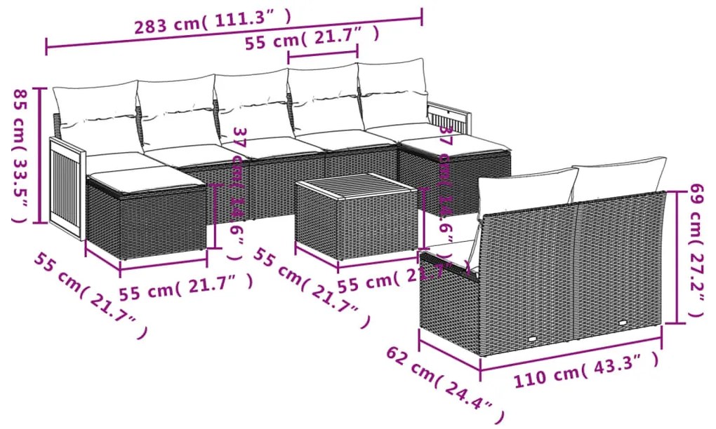 10 pcs conjunto sofás de jardim c/ almofadões vime PE cinzento