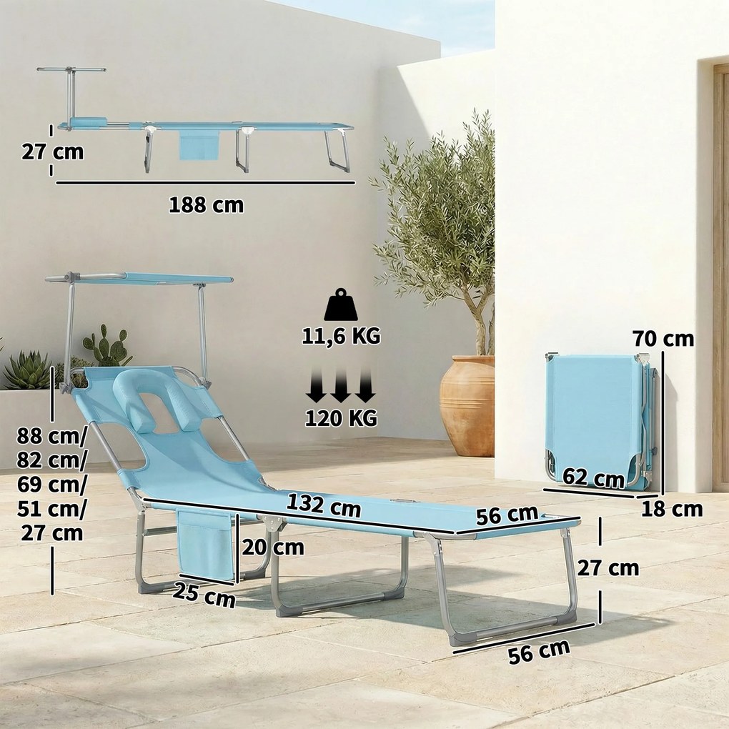 Conjunto de 2 Espreguiçadeiras Dobráveis com Dossel 360° Encosto 5 Posições Orifício Facial 188x56x27 cm Azul Claro