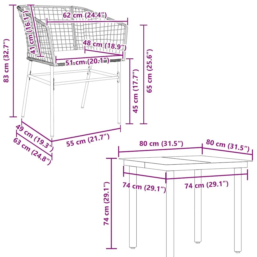 Conjunto de jantar jardim 5 peças almofadas vidro vime PE preto