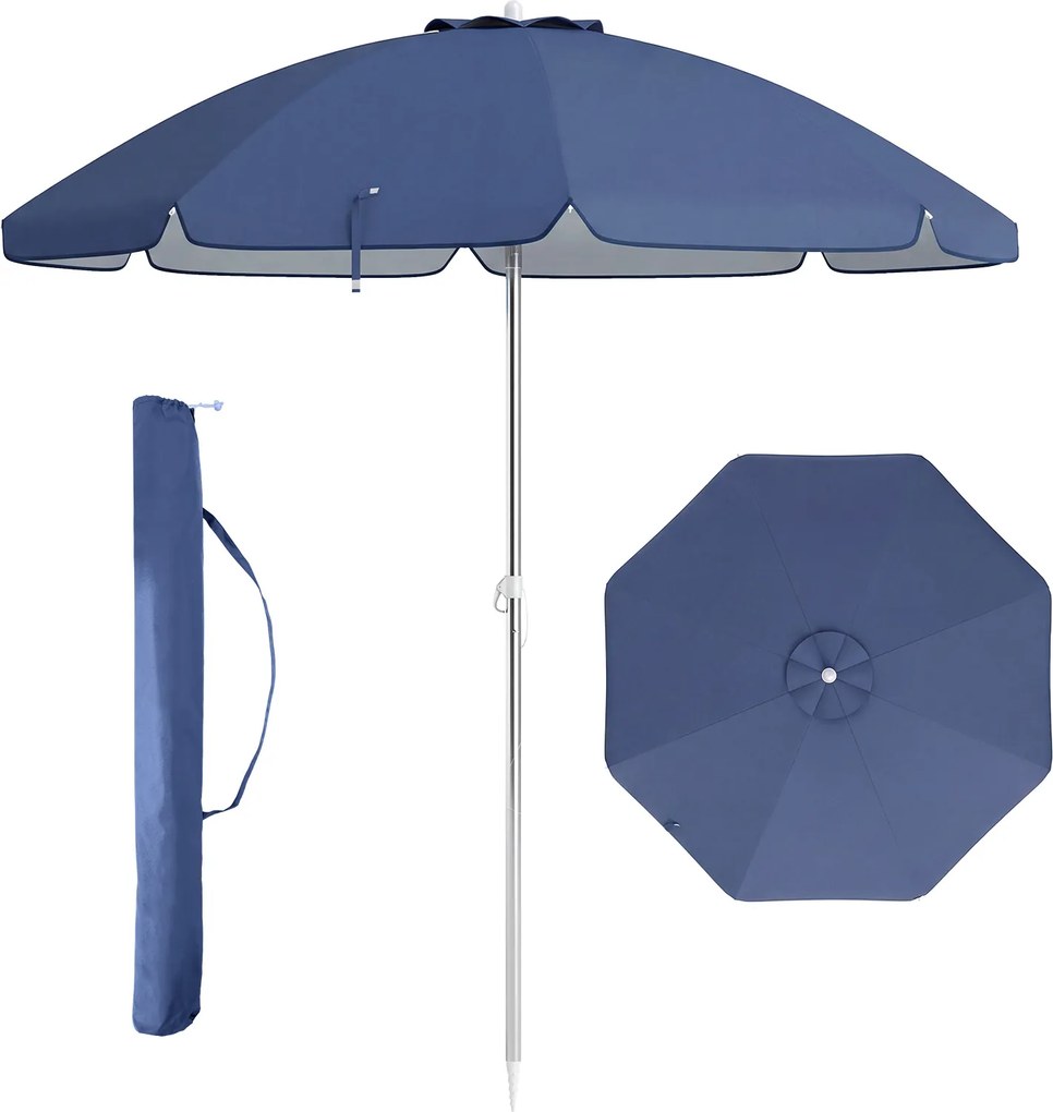 Guarda-sol de praia portátil 178 x 206 cm com inclinação ajustável e bolsa de transporte para jardim, pátio e exterior azul escuro
