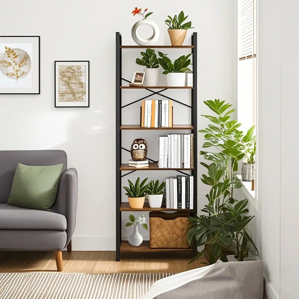 Estante de livros 30 x 66 x 186 cm com 6 prateleiras com estrutura de aço castanho-preto