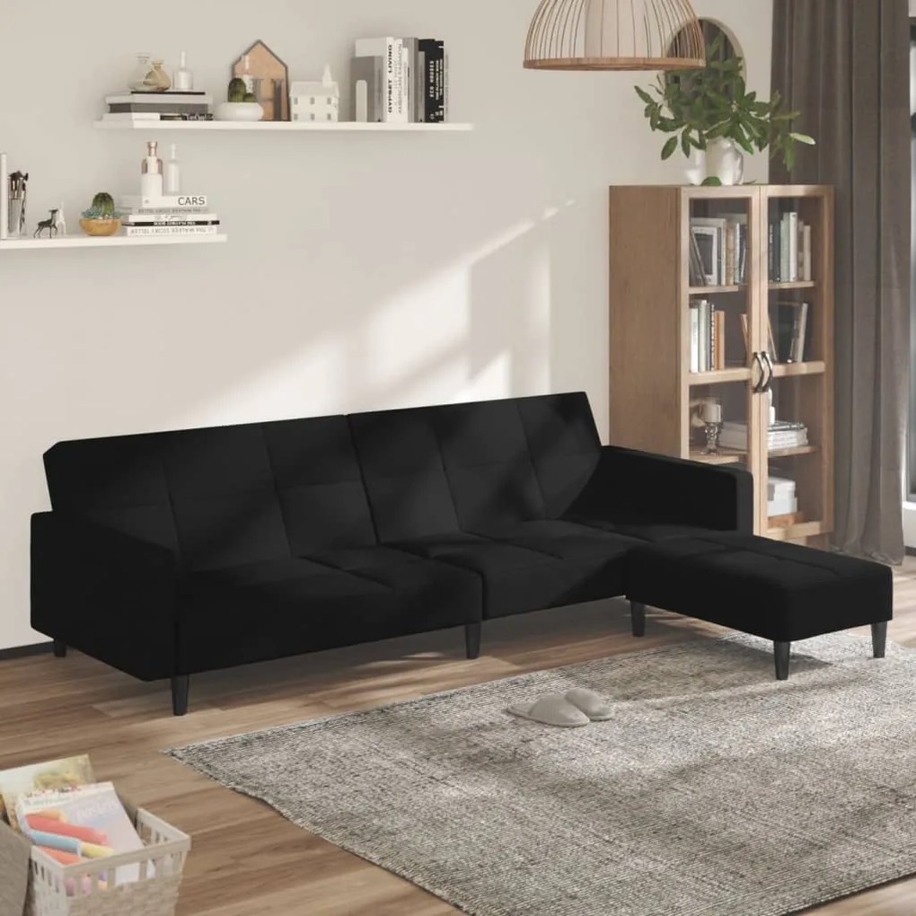 3121304 vidaXL Sofá-cama 2 lugares com banco tecido de microfibra preto