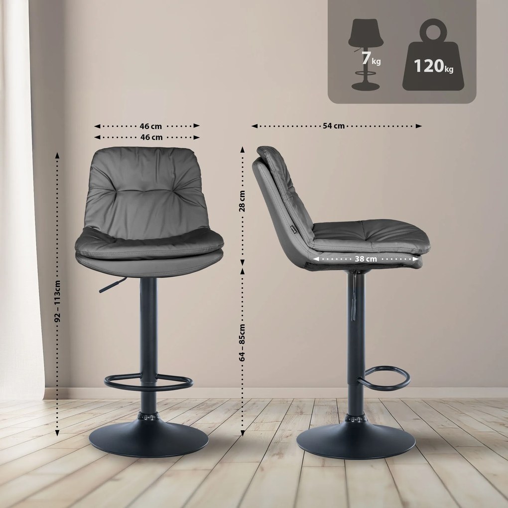Banco de bar em couro sintético com estrutura preta 92-113 x 46 x 54 cm cinzento
