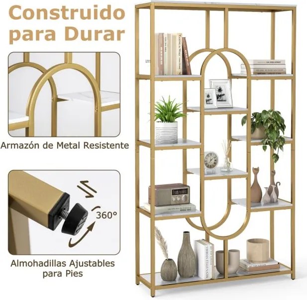 Estante de 5 níveis 95 x 30 x 175 cm com Prateleiras Abertas com Forma Ovalada Moldura Branca e Dourada