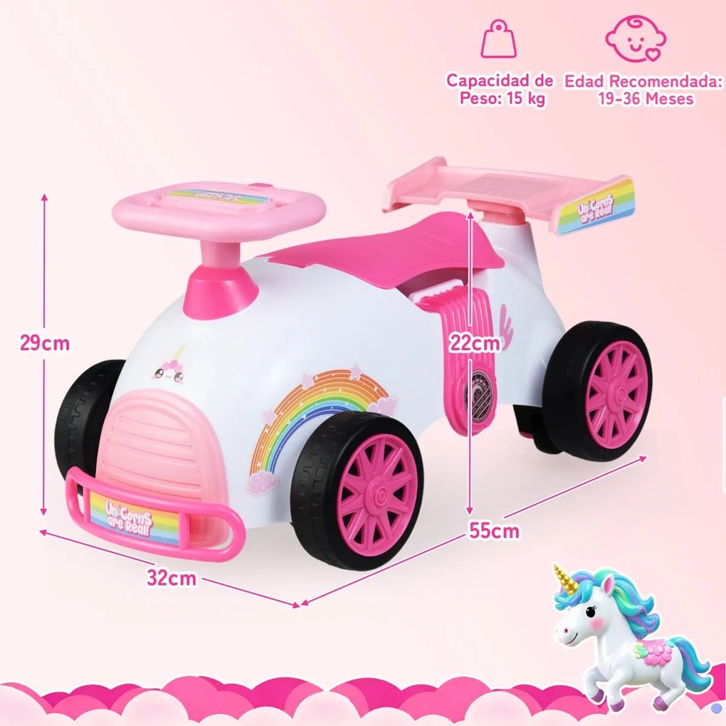 Andarilho infantil Unicórnio com música, arrumação debaixo do assento e rodas universais para crianças dos 19 aos 36 meses Branco + Rosa