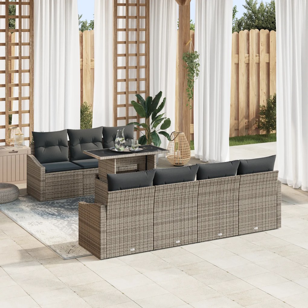 Conjunto de Sofá de Jardim de 8 peças com Almofadas Cinza Rattan PE
