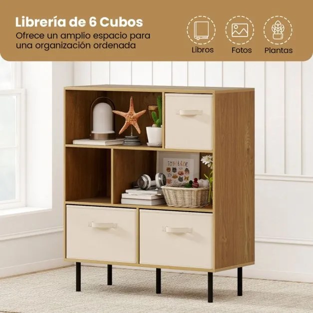 Estante com 6 cubos 90 x 40 x 105 cm e com 3 gavetas de tecido dobráveis e removíveis moderno Natural