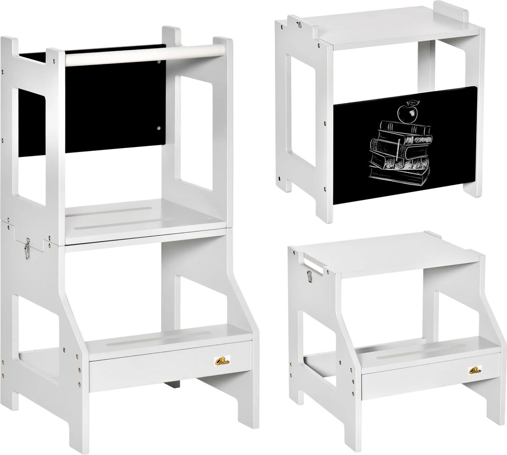 Torre de Aprendizagem para Crianças de Madeira Convertível em Secretária com Ardósia e Barra de Segurança 42x44x86 cm Cinza