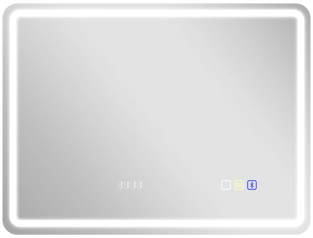 HOMCOM Espelho de Casa de Banho com Luz LED 80x60 cm Bluetooth 3 Cores de Luz Relógio Digital Função Antiembaciamento Memória Prata | Aosom Portugal
