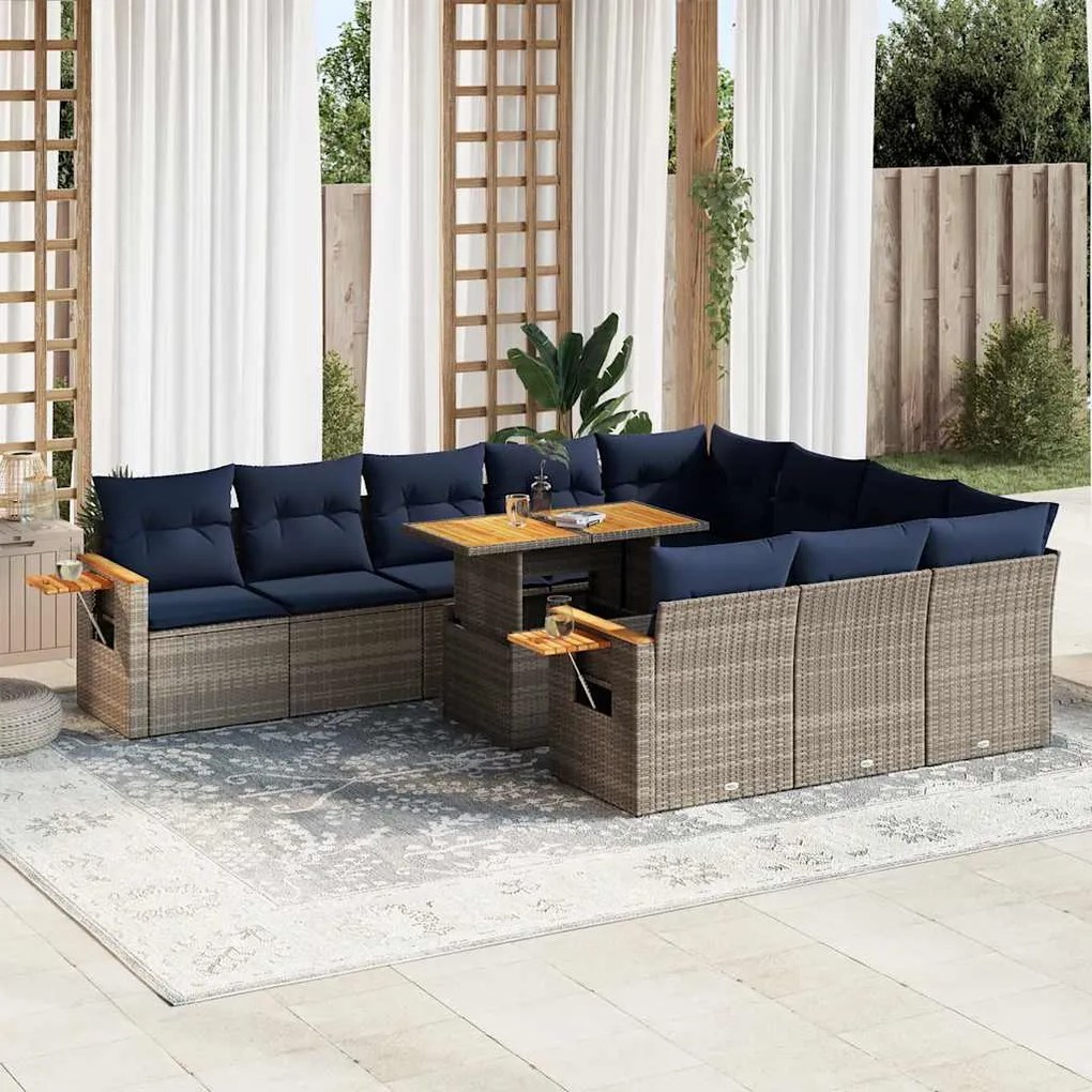 11 pcs conjunto sofás de jardim c/ almofadões vime PE/acácia