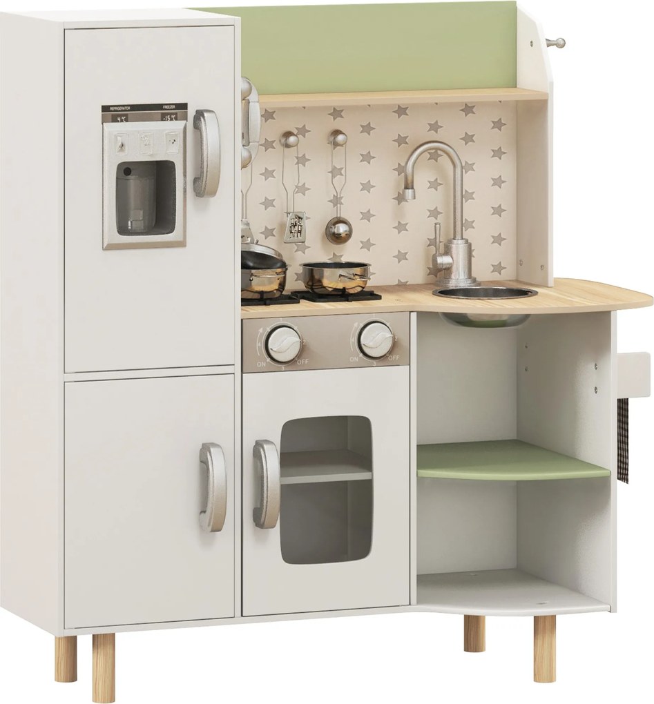 AIYAPLAY Cozinha de Madeira para Crianças com Máquina de Gelo Lavatório de Aço Inoxidável e Utensílios 84x34x89 cm Branco | Aosom Portugal