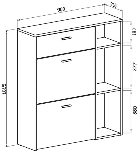 Móvel Sapateira WIND, estrutura de cor Puccini, cor Cinzento antracite nas 2 portas basculantes e na gaveta, mede 90x26x101,5cm de altura.