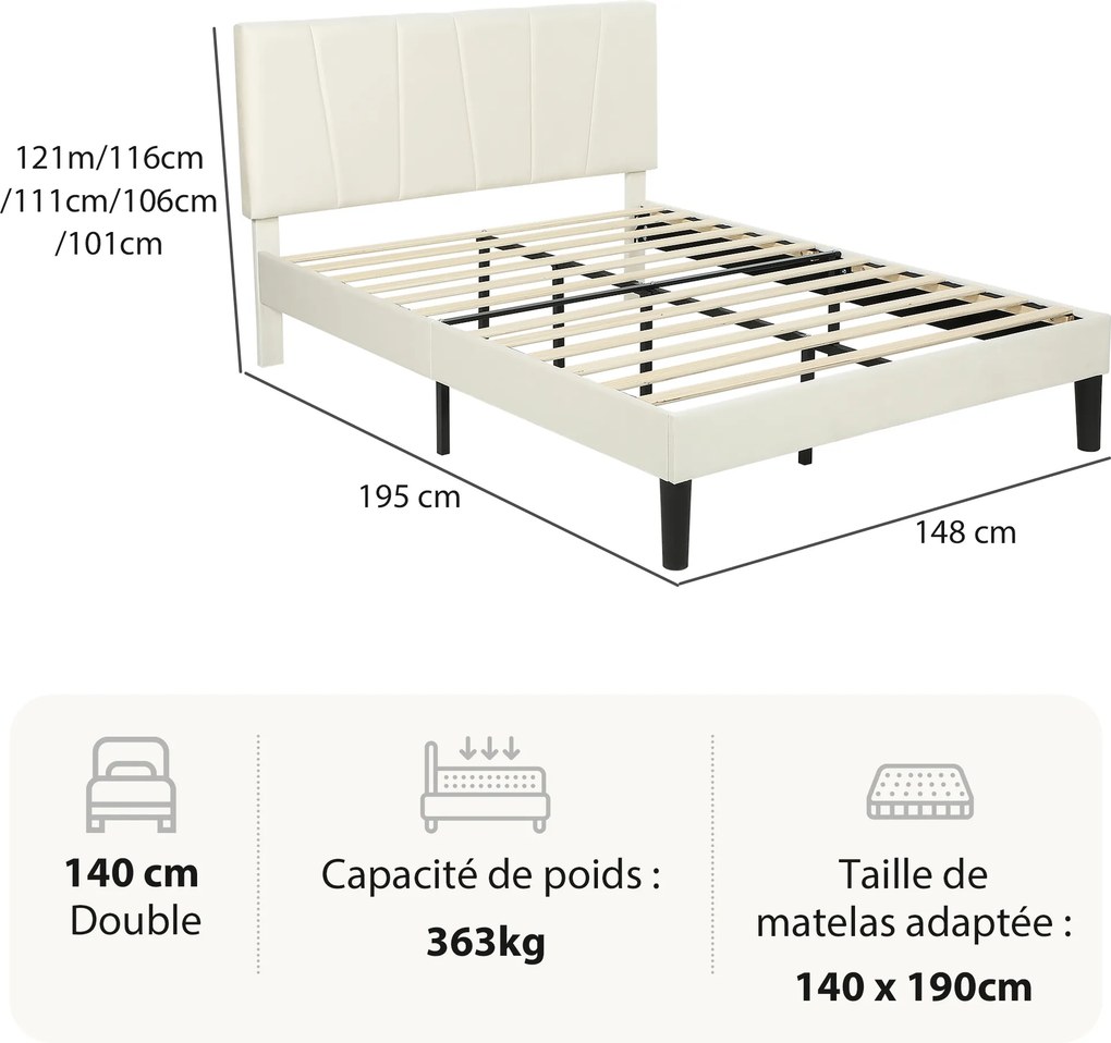 Estrutura de cama de casal 140 x 190 cm (COLCHÃO NÃO INCLUIDO), cama para 2 pessoas, cabeceira ajustável, base de cama 150 x 198 x 101/106/111/116/121
