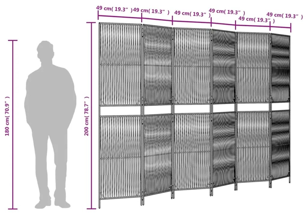 Biombo de divisão 6 painéis vime PE bege