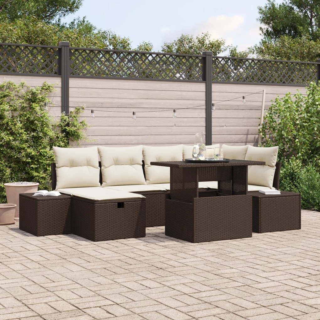 Conjunto de Sofá de Jardim com Almofadas Marrom em Rattan Poliéster