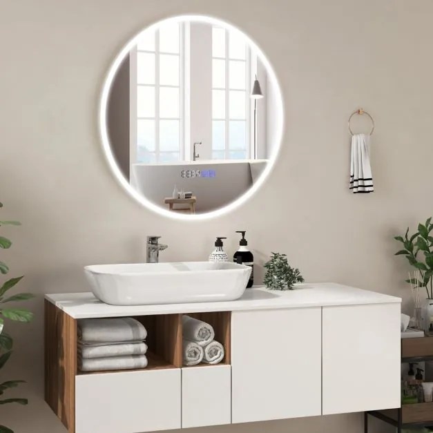 Espelho de casa de banho redondo com luz LED Brilho continuamente ajustável 3 temperaturas de cor Função anti-embaciamento e de memória 60 x 60 cm
