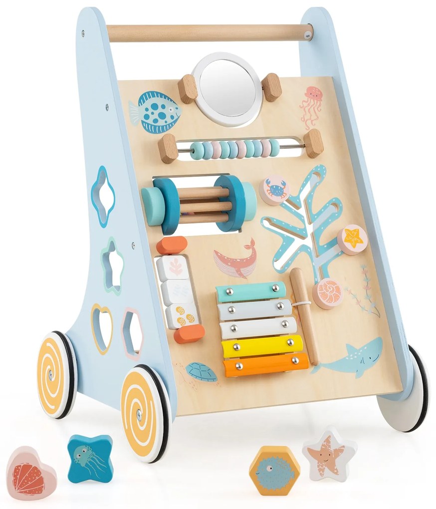 Andador de madeira com rodas para meninos e meninas de 1 ano ou mais - Azul