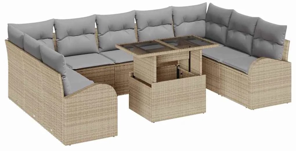 Conjunto de Sofás de Jardim de 10 Peças com Almofadas Bege de Rattan P