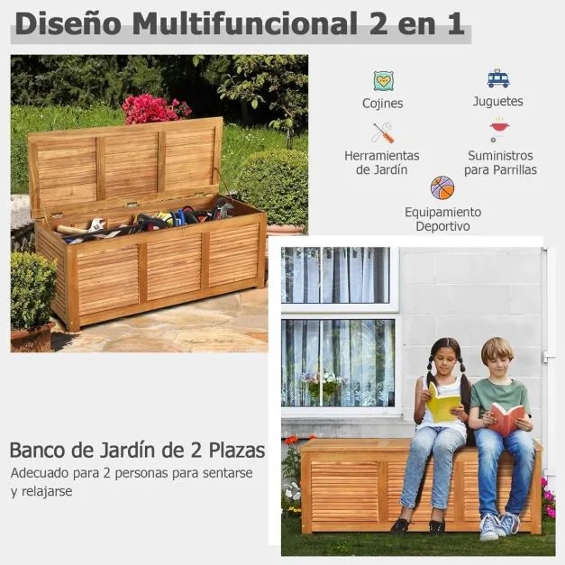 Baú de armazenamento exterior em madeira de acácia 120 x 45 x 45 cm com capacidade para 178 l, carga de 150 kg, para jardim ou pátio,, natural