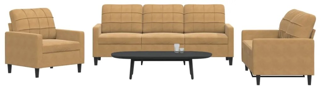 3 pcs conjunto de sofás com almofadões veludo castanho