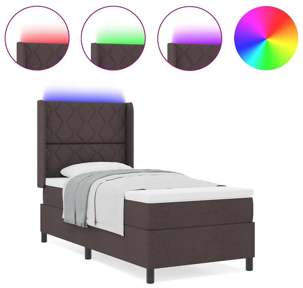 Cama Box com Colchão e LED Castanho 90x200 cm, Tecido