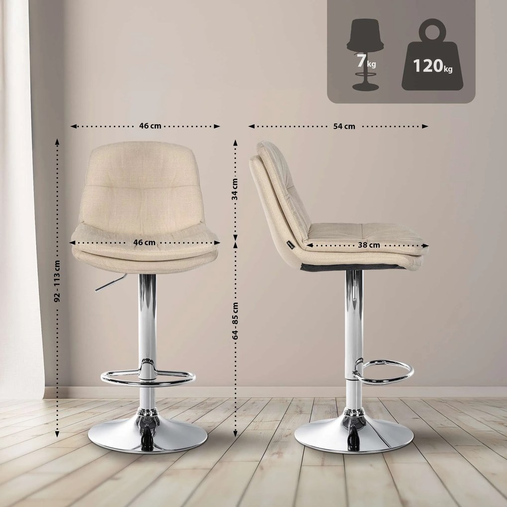 Banco de bar em tecido com estrutura prateada 92-113 x 46 x 54 cm cor creme