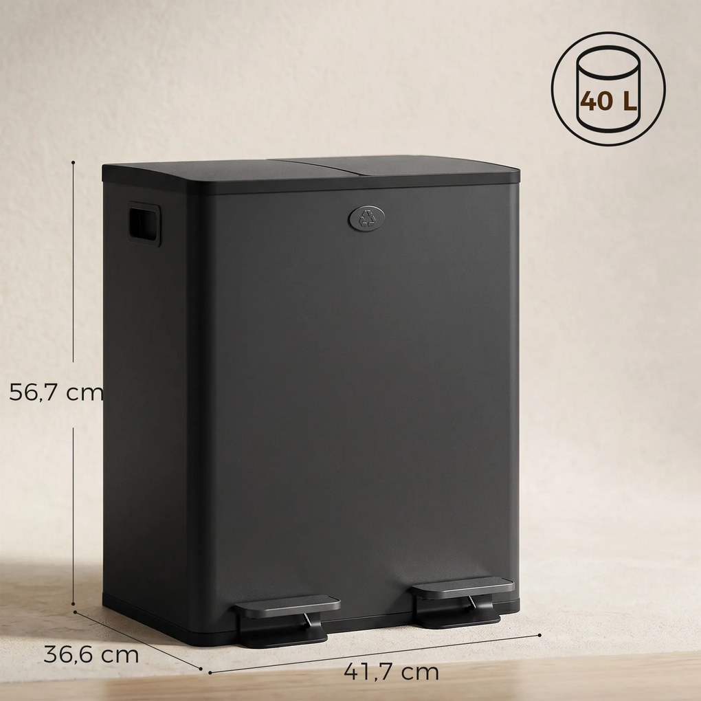 Caixote Lixo de Cozinha em Aço Inoxidável com 2 Compartimentos 2x20L Pedal, Tampas de Fecho Suave e Balde Removível Preto