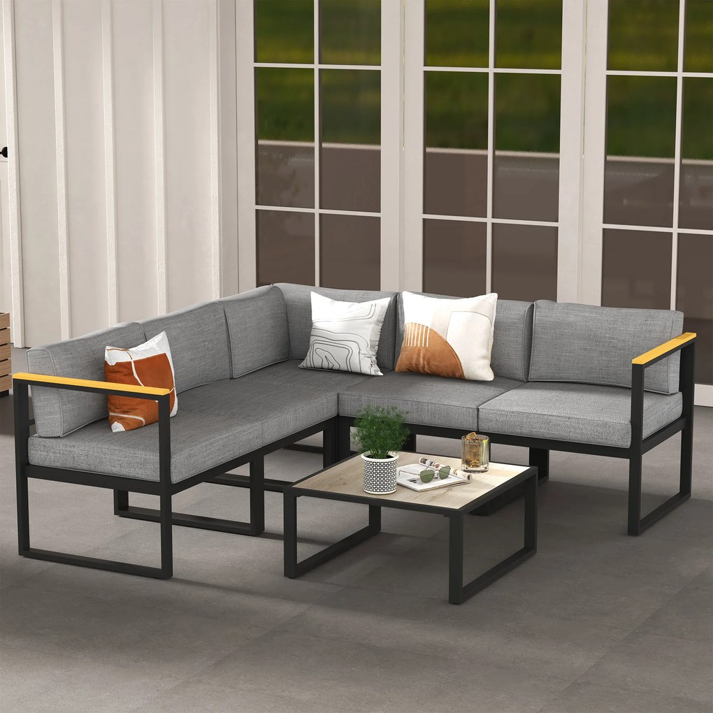 Conjunto de jardim de canto para exterior, design contemporâneo, 6 peças para 5 pessoas – em alumínio, grande conforto cinzento, natural