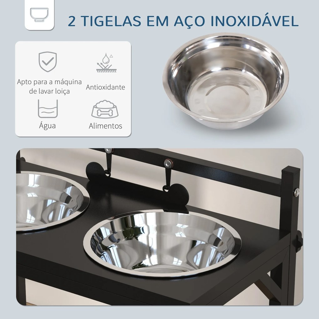 Comedouro Elevado para Cães com 2 Tigelas Altura Ajustável e 1 Peça de Metal com Formato de Osso 40,5x22x39 cm Preto