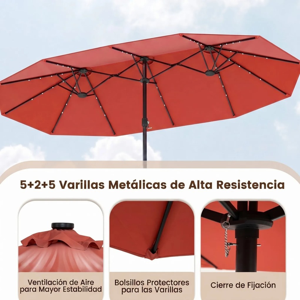 Guarda-sol duplo 460 x 285 cm com 48 luzes LED, 3 aberturas de ventilação, 12 varas, base e manivela para jardim, terraço e piscina – Laranja