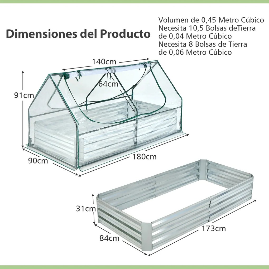 Estufa jardim elevada de 2 camadas com cobertura de estufa e janelas de enrolar Rega fácil 180 x 90 x 91 cm verde e prata e transparente