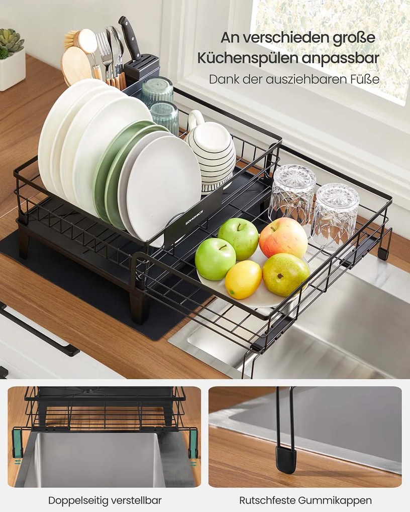 Escorredor de louça com tapete de silicone e ralo (31-56) x 42 x 20 cm preto