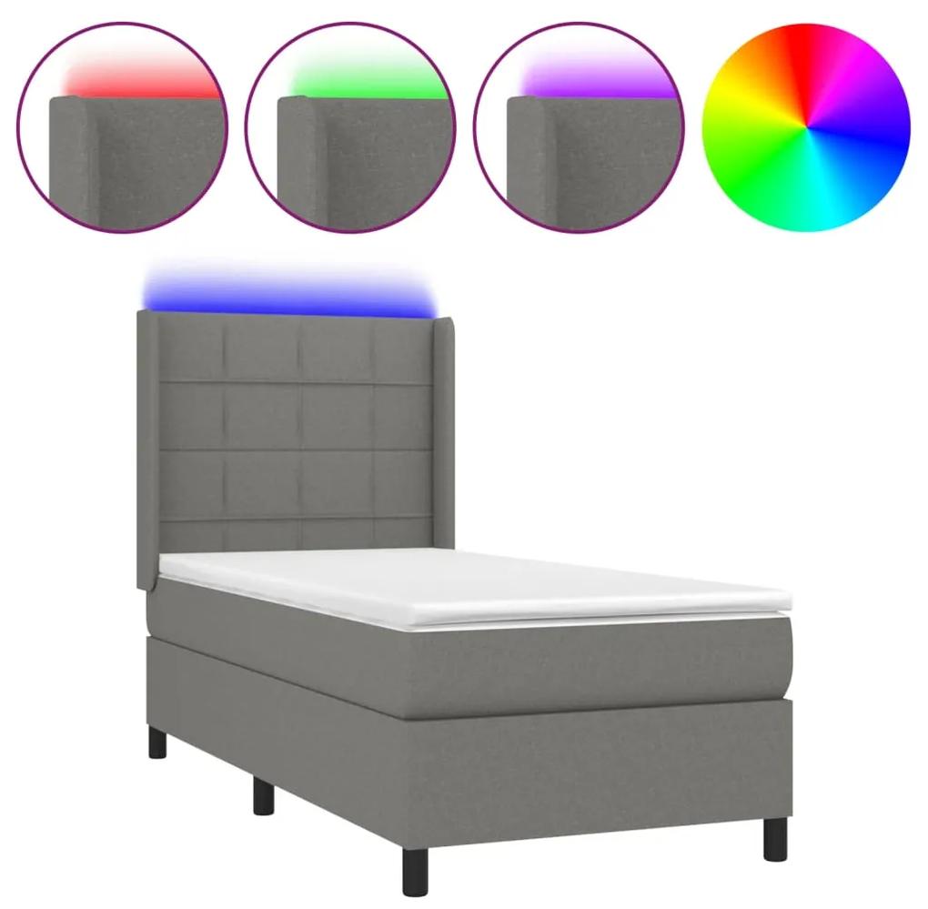 Cama box spring c/ colchão e LED 80x200 cm tecido cinza-escuro