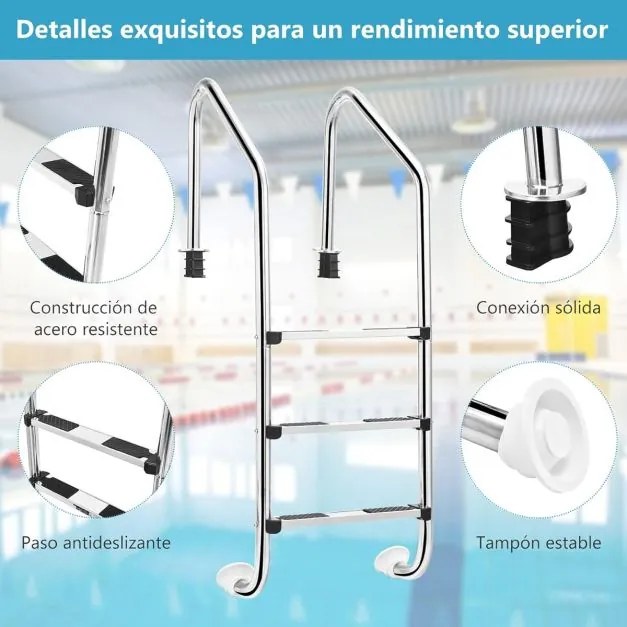 Escada para piscina em aço inoxidável antiderrapante removível com 3 degraus, carga máxima de 150 kg, 53 x 63 x 147 cm Prateado