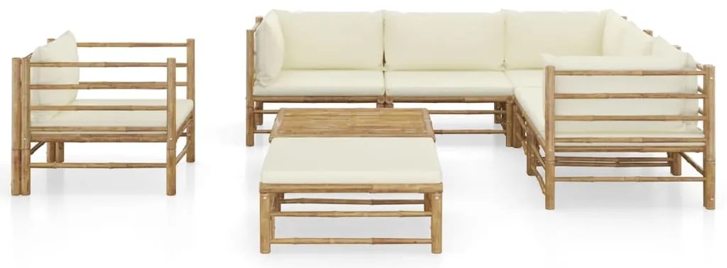 8 pcs conj. lounge p/ jardim em bambu c/ almofadões branco nata