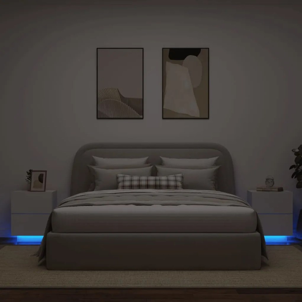 Mesas de cabeceira c/ luzes LED 2 pcs derivados madeira branco