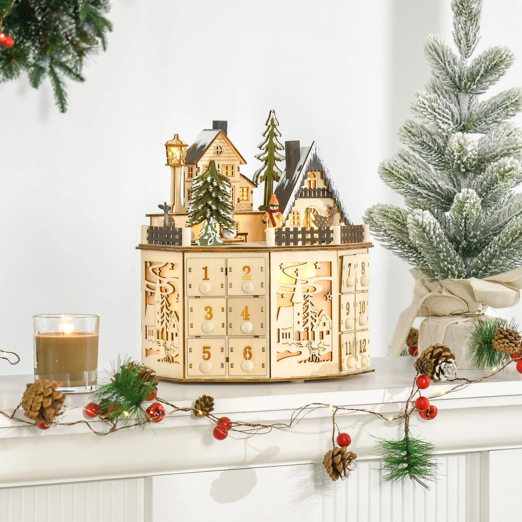 Calendário do Advento de Natal em Madeira Reutilizável com Luzes LED 24 Gavetas Cena de Aldeia 25x20x29 cm Natural