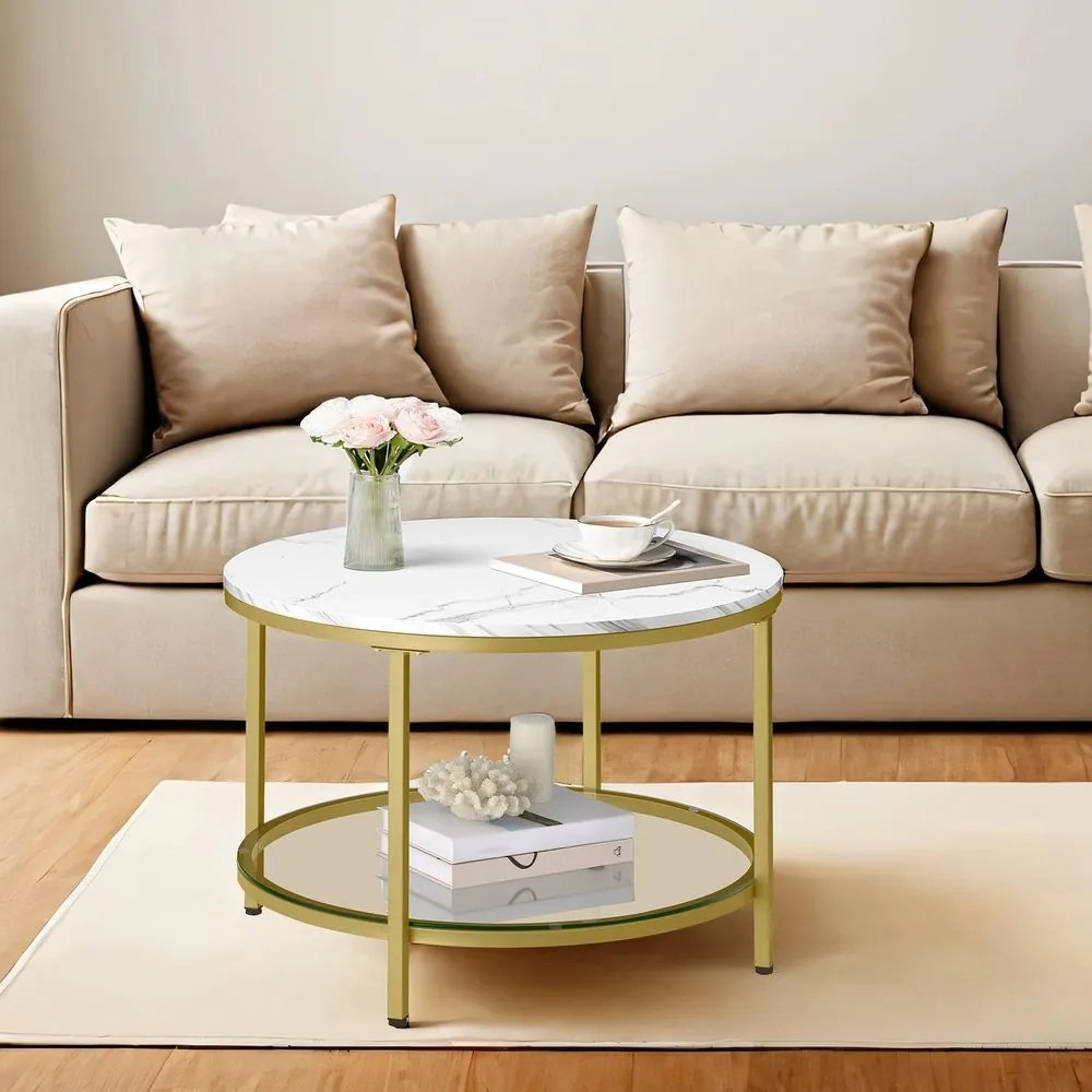 Mesa de centro com 2 níveis e tampo em vidro 65 x 46 cm (Ø x A) branco mármore e dourado claro