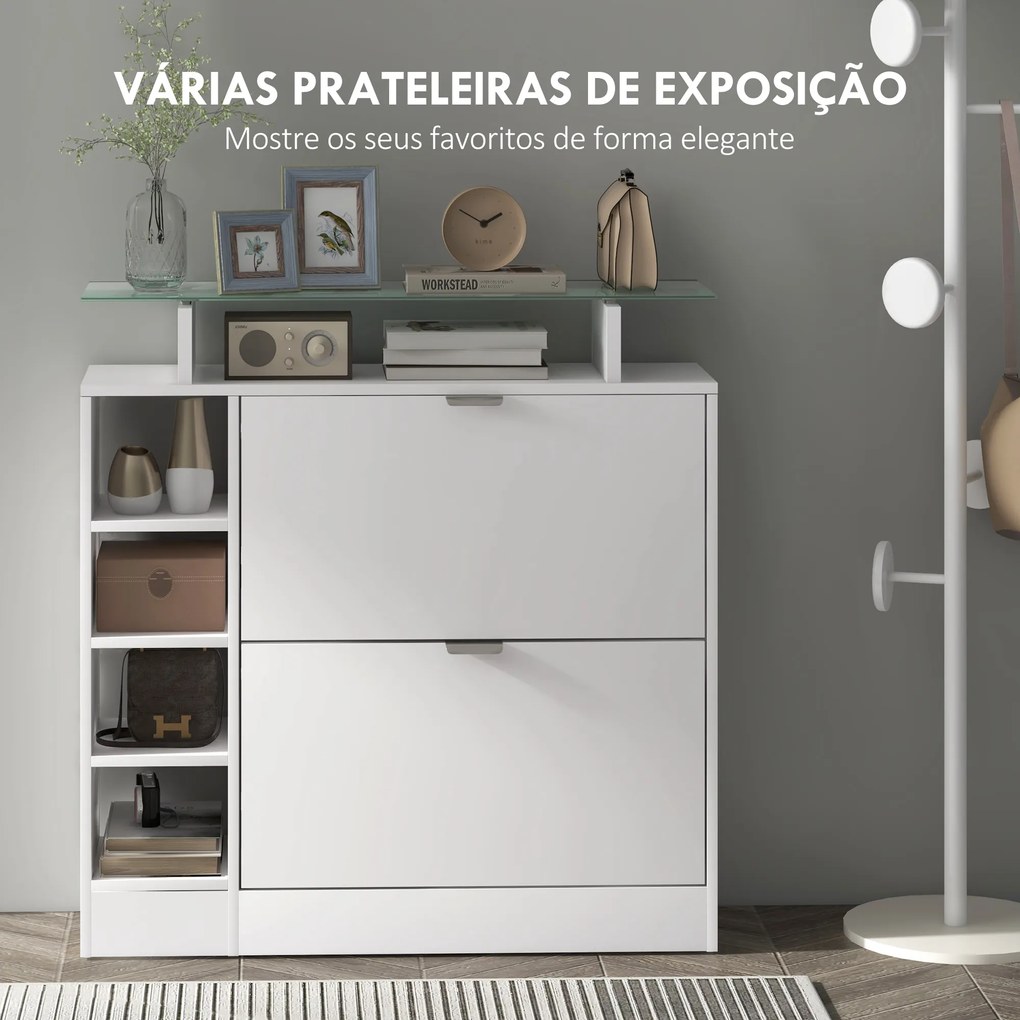 Sapateira com Gavetas Basculantes, Prateleiras Ajustáveis e Prateleiras Abertas para 12 Pares de Sapatos 89x25x92 cm Branco