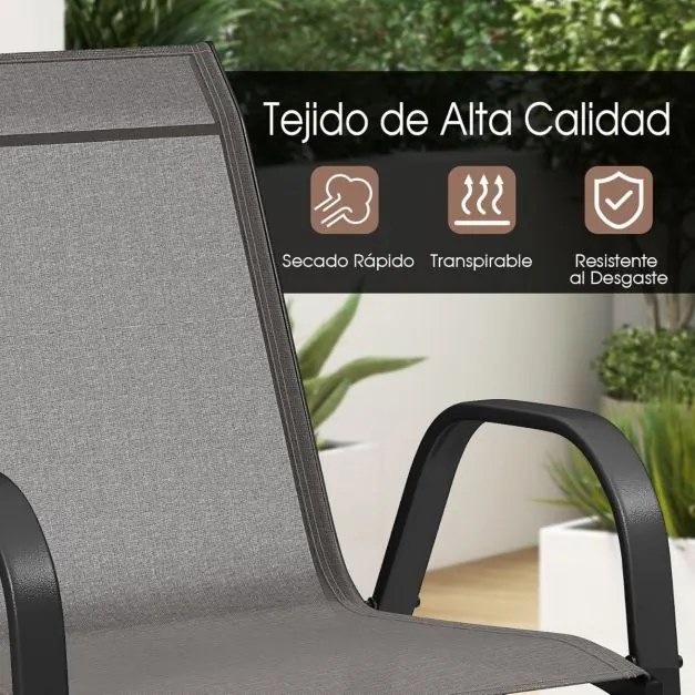Conjunto de 4 cadeiras de jardim empilháveis (MESA NÃO INCLUIDA) com apoios de braços, encostos em metal e tecido, 56 x 70 x 84 cm Cinzento
