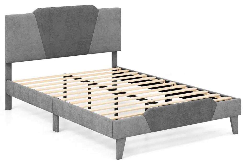 Estrutura de cama em veludo com cabeceira em ripas de madeira maciça para apoio do colchão (Não incluido) Fácil montagem. 208 x 145 x 105 cm. Cinza