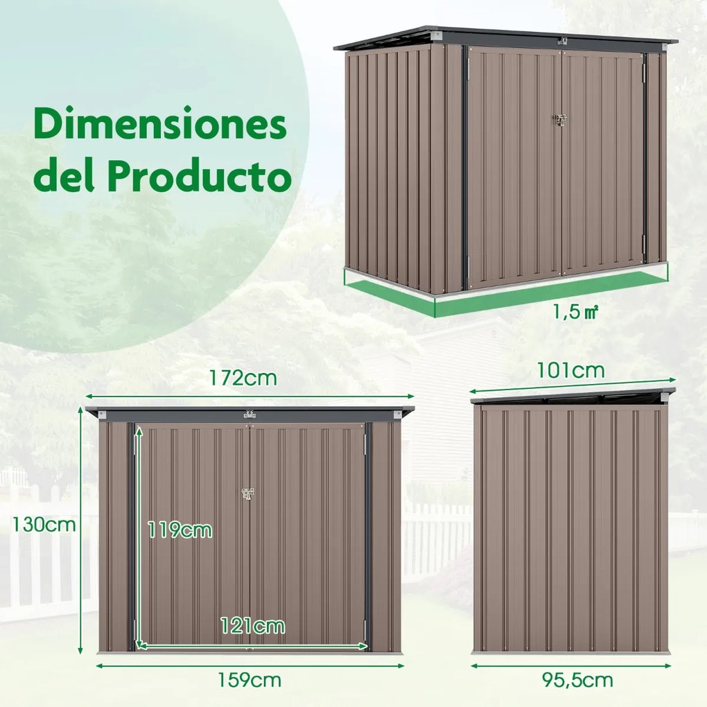 Abrigo Jardim com fechadura e aberturas duplas, 2 portas, estrutura em metal para pátio, 172 x 95,5 x 130 cm, cinzento claro