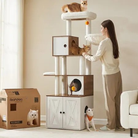 Arranhador para gatos 2 em 1 com armário para caixa de areia, 180 cm de altura, castanho mel e branco vintage